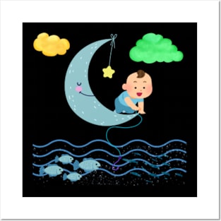 Baby on Moon Fishing Among Colorful Clouds Posters and Art